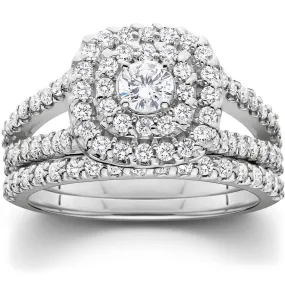 1 1/10ct Cushion Halo Solitaire Diamond Engagement Wedding Ring Set White Gold