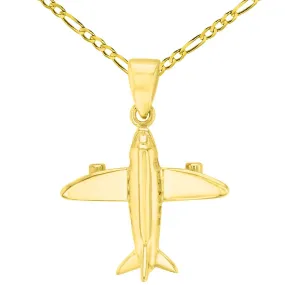 14K Solid Yellow Gold 3D Airplane Charm Jet Aircraft Pendant with Figaro Chain Necklace