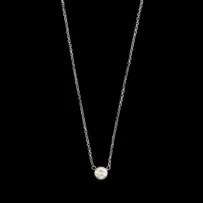 14K White Gold Estate Bezel Set Diamond Solitaire Pendant Necklace