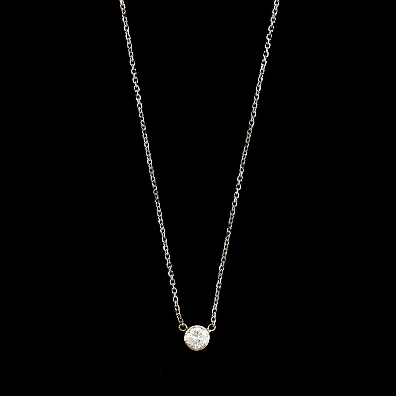 14K White Gold Estate Bezel Set Diamond Solitaire Pendant Necklace