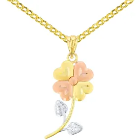 14K Yellow Gold & Rose Gold Textured Tri Color Celtic Four Leaf Clover Charm Pendant Cuban Chain Necklace