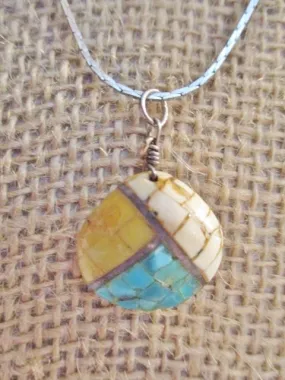 16" MOSAIC SHELL SILVER BLUE SOUTHWEST Pendant NECKLACE Charm Chain