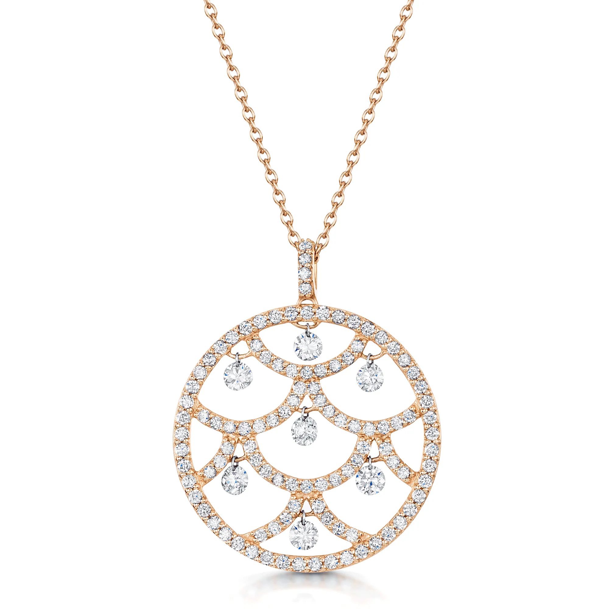 18ct Rose Gold Pave Circle Necklace With Seven Dancing Diamonds