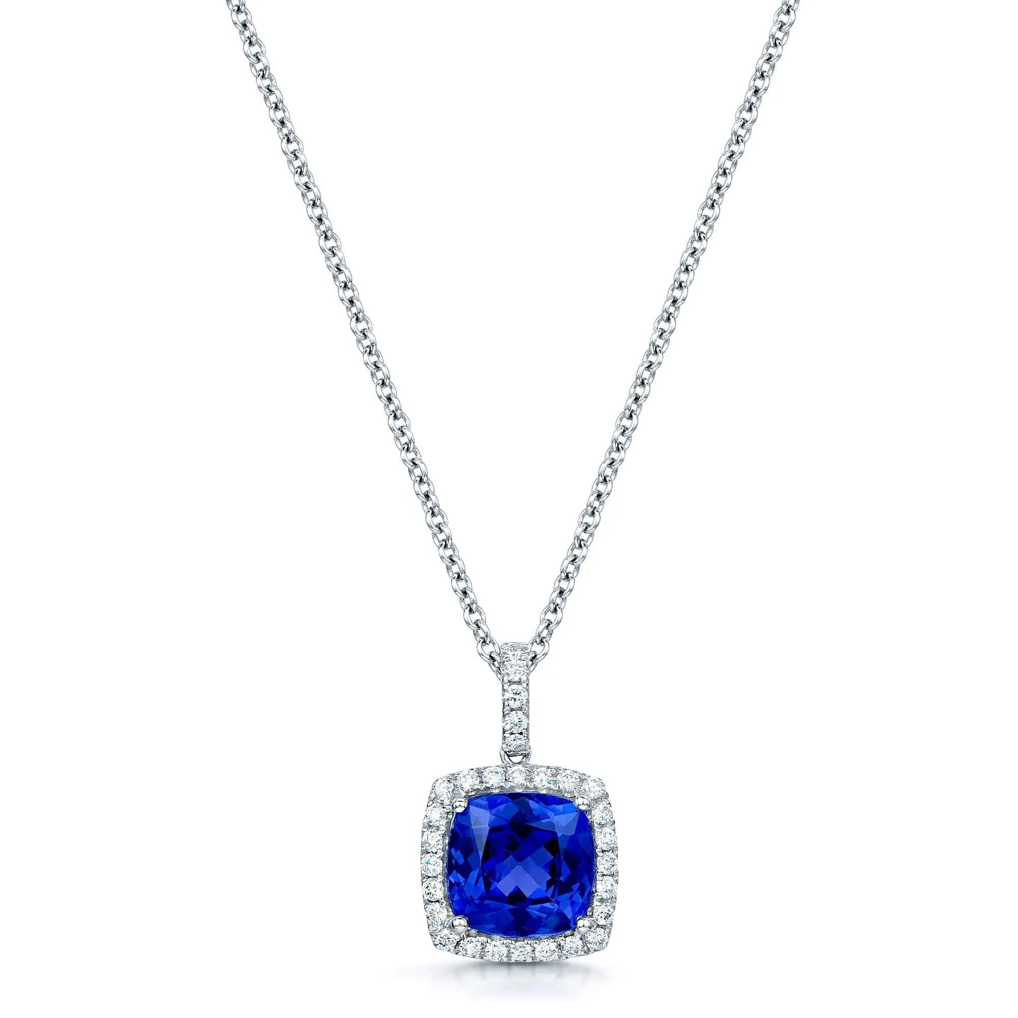 18ct White Gold Cushion Cut Tanzanite And Diamond Halo Pendant With A Diamond Bale