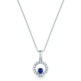 18ct White Gold Diamond Open Circle Pendant Set With A Single Round Blue Sapphire