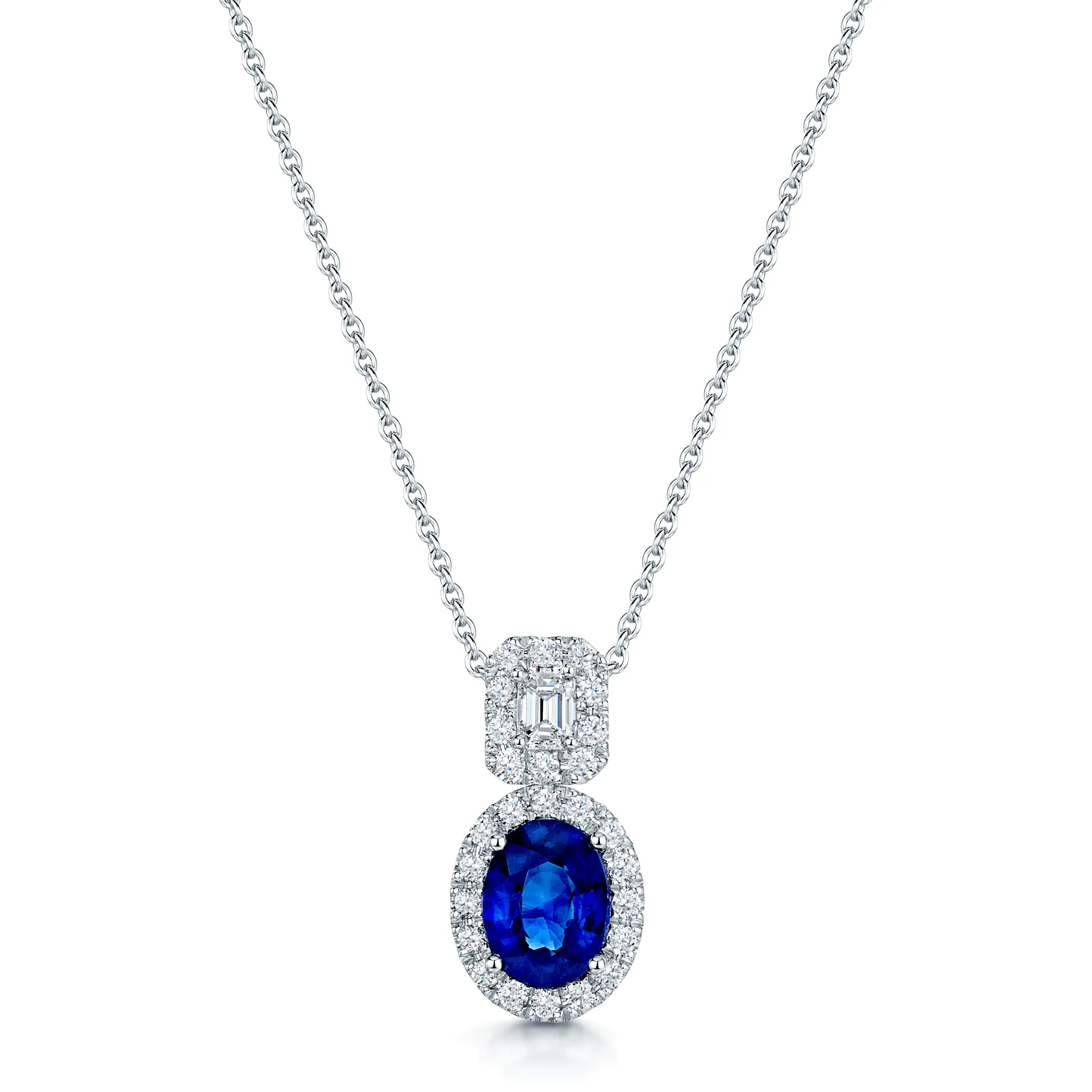 18ct White Gold Oval Sapphire And Diamond Double Halo Pendant