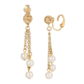 1928 Jewelry Belle Epoch Filigree Ball Faux Pearl Chain Clip On Earrings