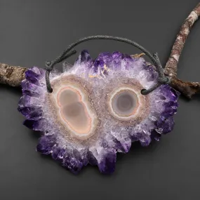 2 Hole Pendant Natural Amethyst Stalactite Flower Pendant Flat Slice Freeform One of a Kind P0137