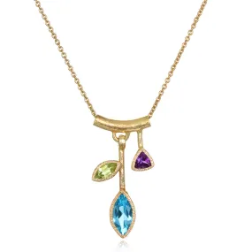 3 Stone Petal Pendant Blue Topaz – Small Gold