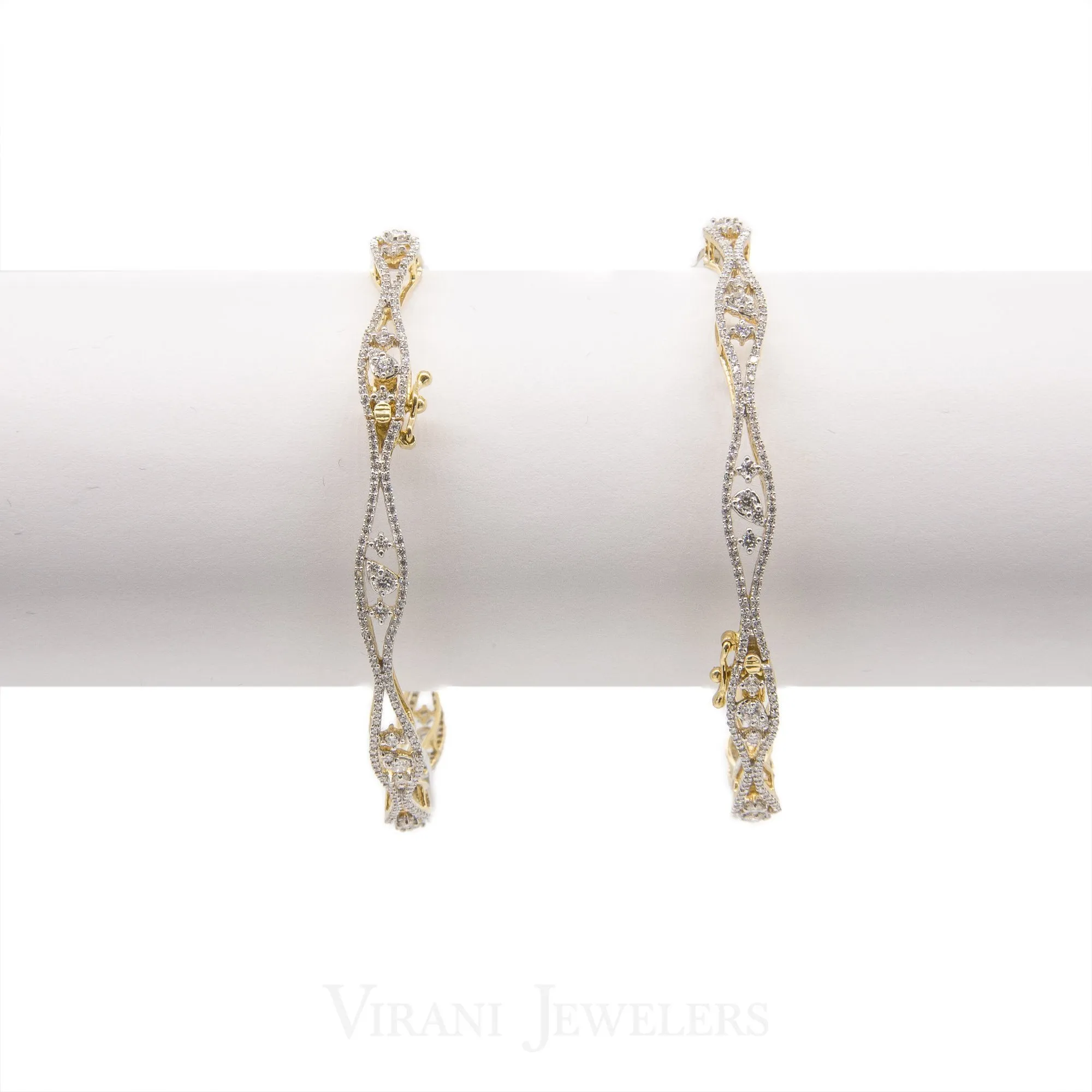 3.84CT Diamond Bangles in 18K Yellow Gold W/Geometric Design, Set of 2