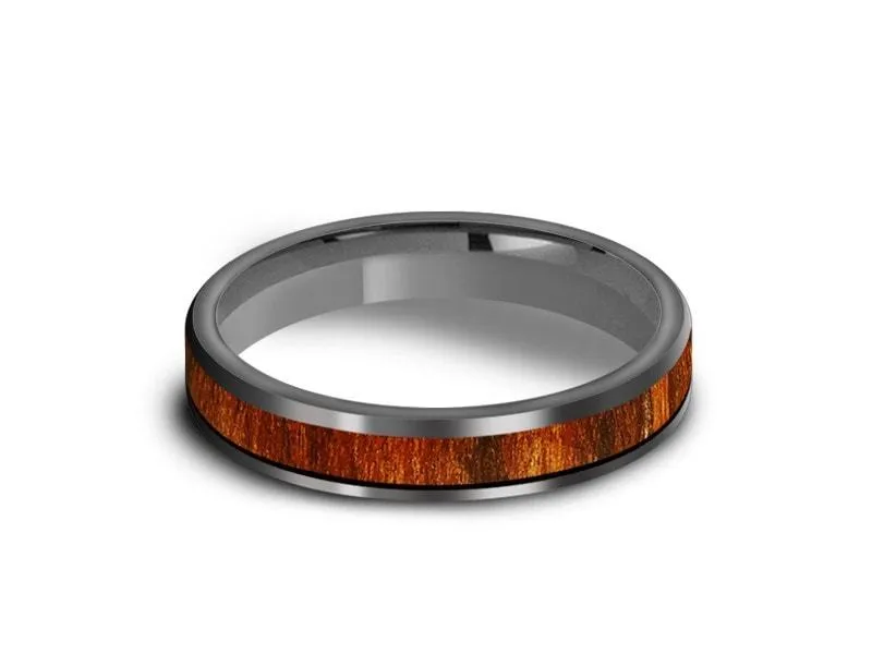 4MM HAWAIIAN Koa Wood Tungsten WEDDING BAND FLAT AND GRAY INTERIOR