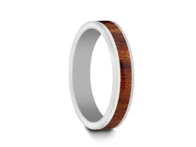 4MM WHITE CERAMIC WEDDING BAND FLAT AND HAWAIIAN KOA WOOD INLAY