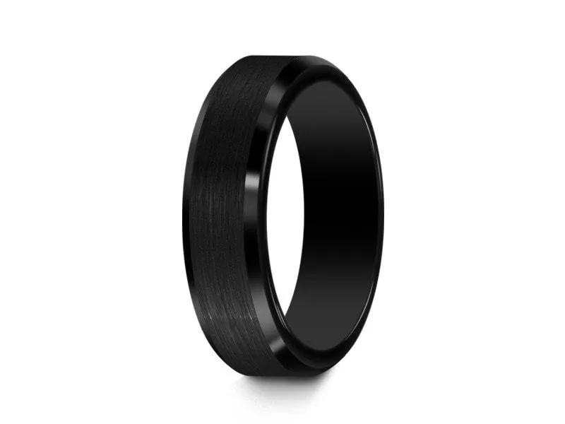 6MM Brushed BLACK Tungsten Wedding Band BEVELED EDGES