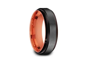 6MM Brushed GRAY GUNMETAL Tungsten Wedding Band BLACK EDGES AND ROSE GOLD INTERIOR