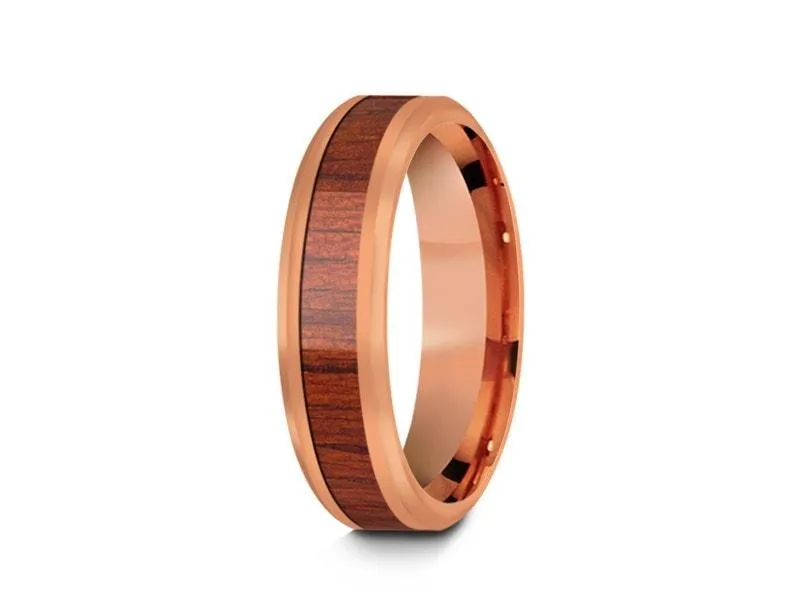 6MM HAWAIIAN Koa Wood Tungsten WEDDING BAND BEVELED AND ROSE GOLD INTERIOR