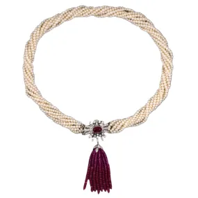 9-Strand Pearl Torsade Necklace with Rubies & Diamonds