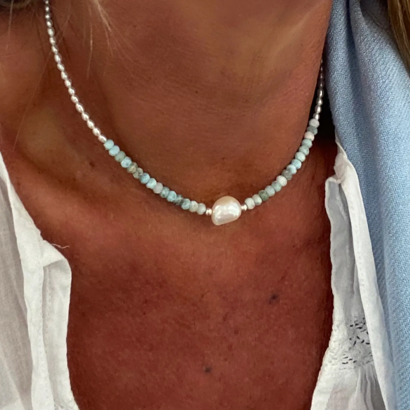 Blue Lagoon Keshi Pearl Larimar Necklace