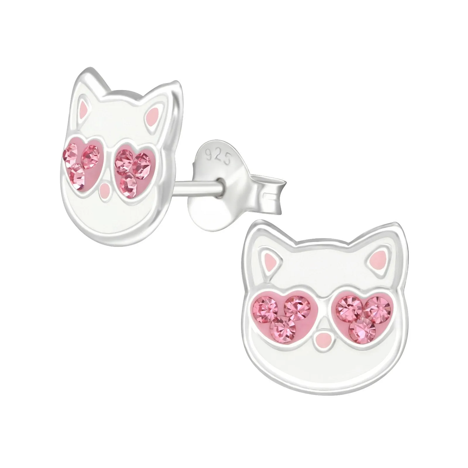 Cat w/ Pink Crystals Stud Earrings in Sterling Silver