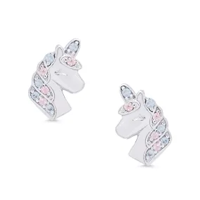 CZ Unicorn Stud Earrings in Sterling Silver (Pink/Blue)