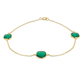 Delicate 10K Yellow Gold Cushion Cut Green Onyx Station Bracelet 7.25 Inch