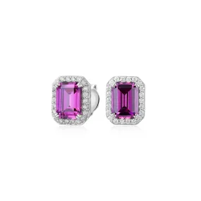 Emerald Cut and Round Brilliant halo stud earrings with pink tourmaline simulants and 0.29 carats* of diamond simulants in sterling silver