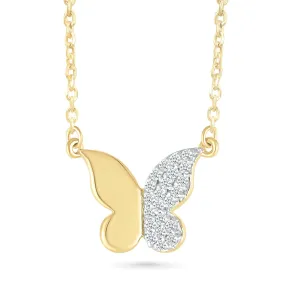 Half Gold Half Diamond Pave Butterfly Pendant Necklace