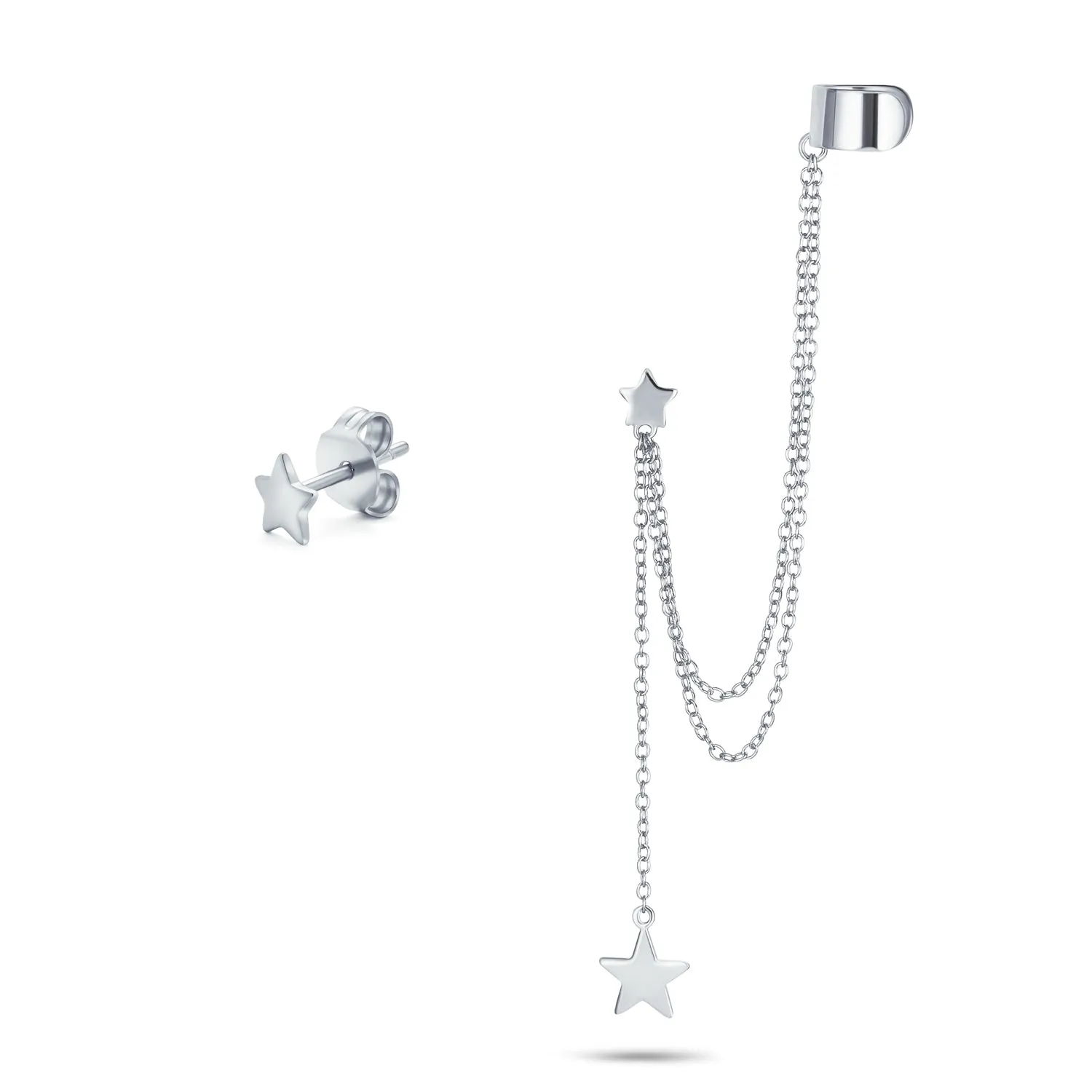 Initials Star Cartilage Ear Chain Cuff Stud Earring Sterling Silver