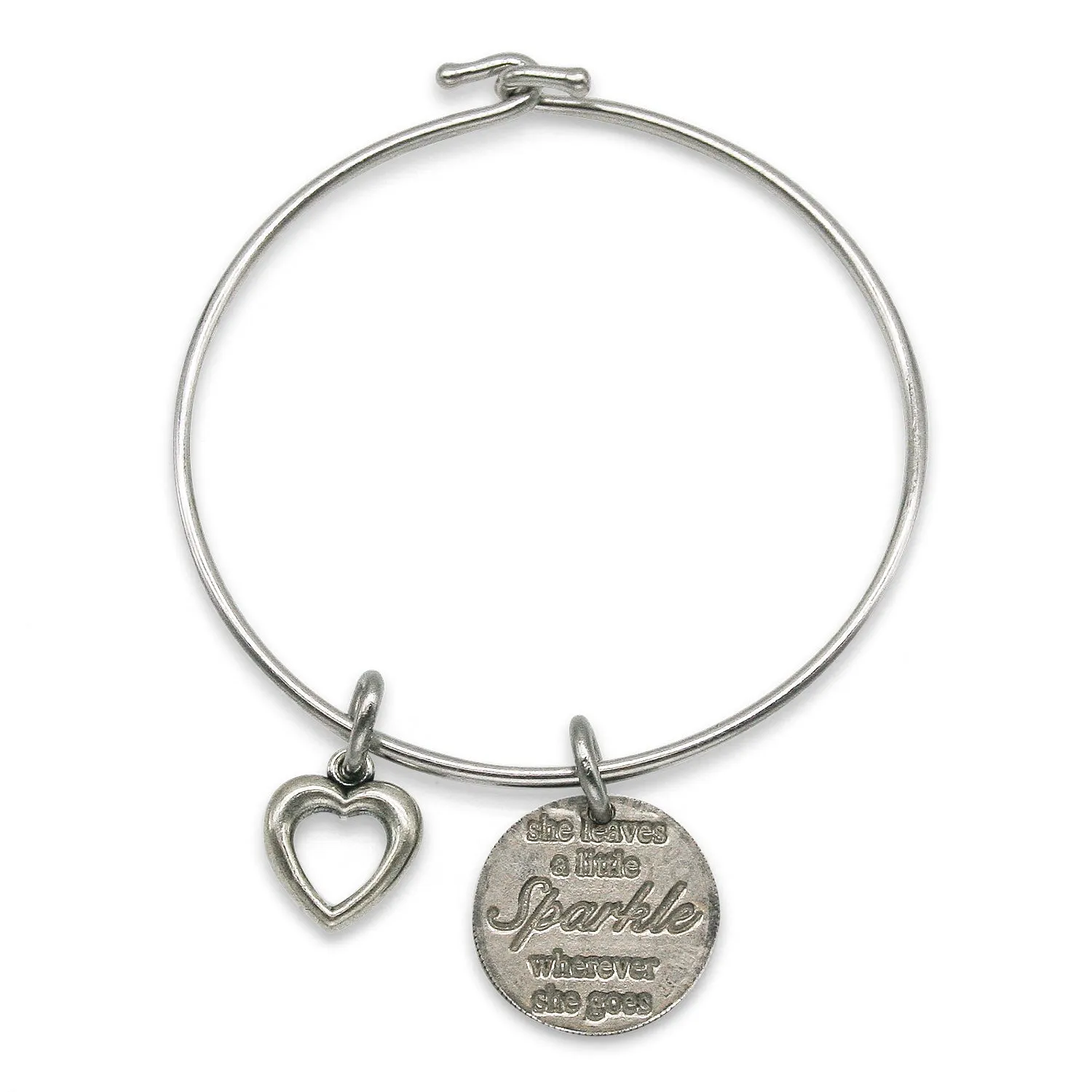 Mariamor Leave a Little Sparkle Coin, Heart Charm Adjustable Bangle, Sterling Silver