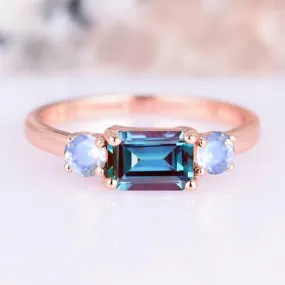 Minimalist Alexandrite & Moonstone Ring- 14K Rose Gold Vermeil