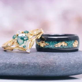 Moss Agate & Gold Leaf Couples Ring