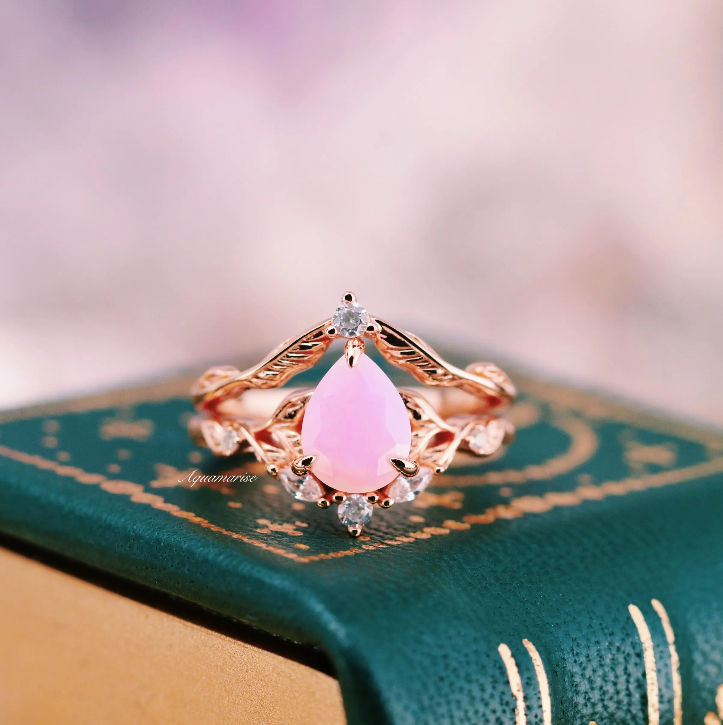 Opalescent Pink Sapphire Engagement Ring Set- 14K Rose Gold Vermeil