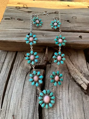 Pink Opal and Turquoise Cluster necklace & earring set