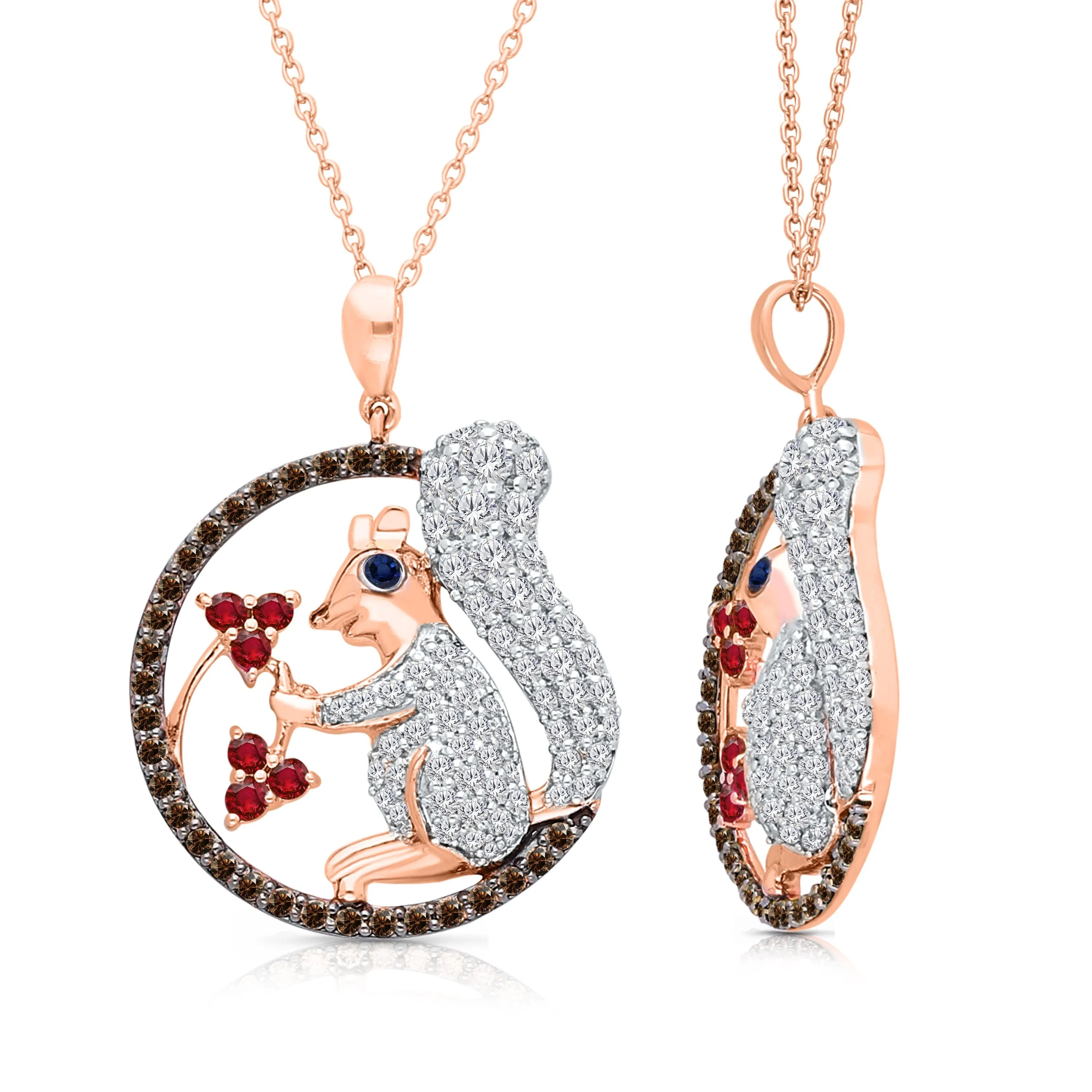 Rose Gold Coco & White Diamond Squirrel with Berries Pendant