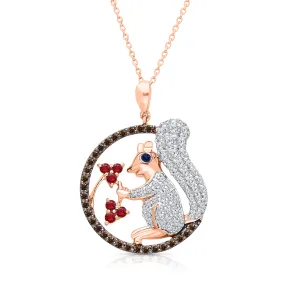 Rose Gold Coco & White Diamond Squirrel with Berries Pendant