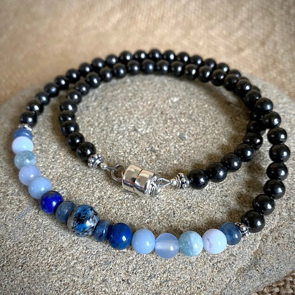 Short Shungite Necklace, Blue Gemstones, Throat Chakra, Communication