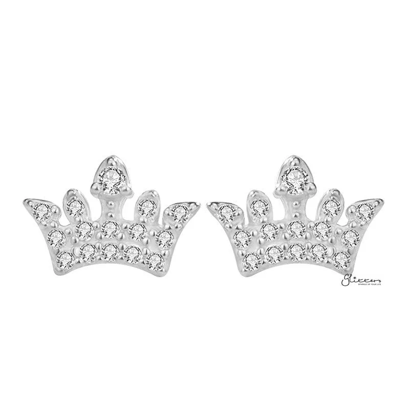 Sterling Silver CZ Paved Crown Stud Earrings - Silver