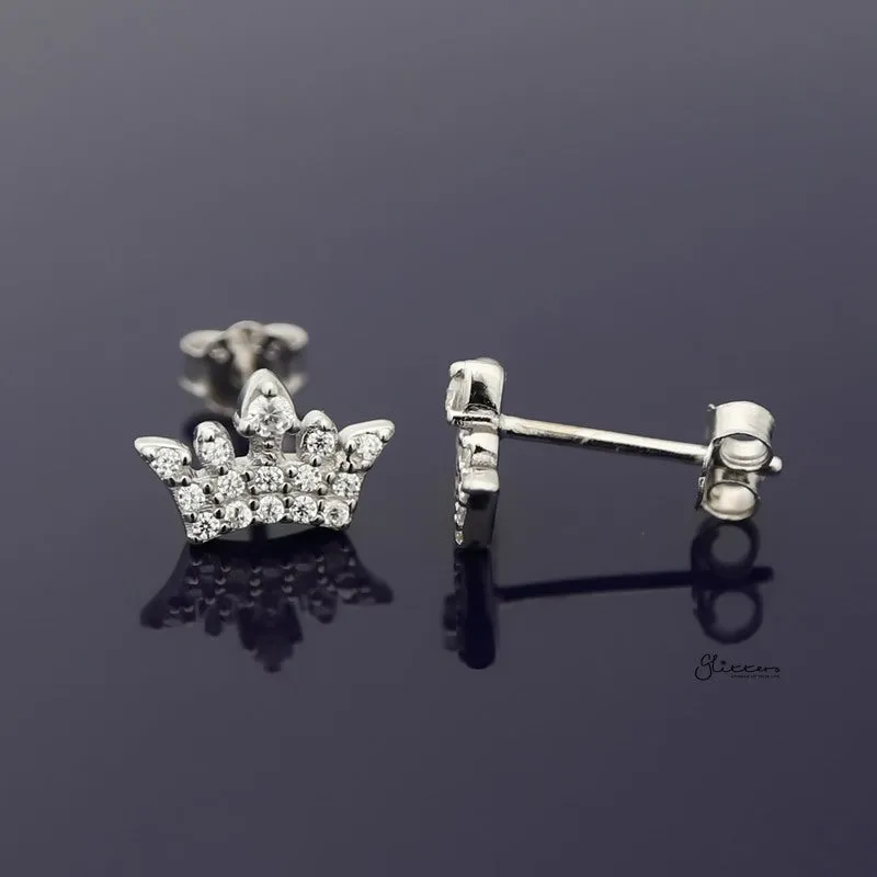 Sterling Silver CZ Paved Crown Stud Earrings - Silver