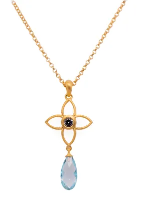 Swiss Blue Topaz Faceted Joy Flower Pendant 20MM With Drop 24K Gold Vermeil