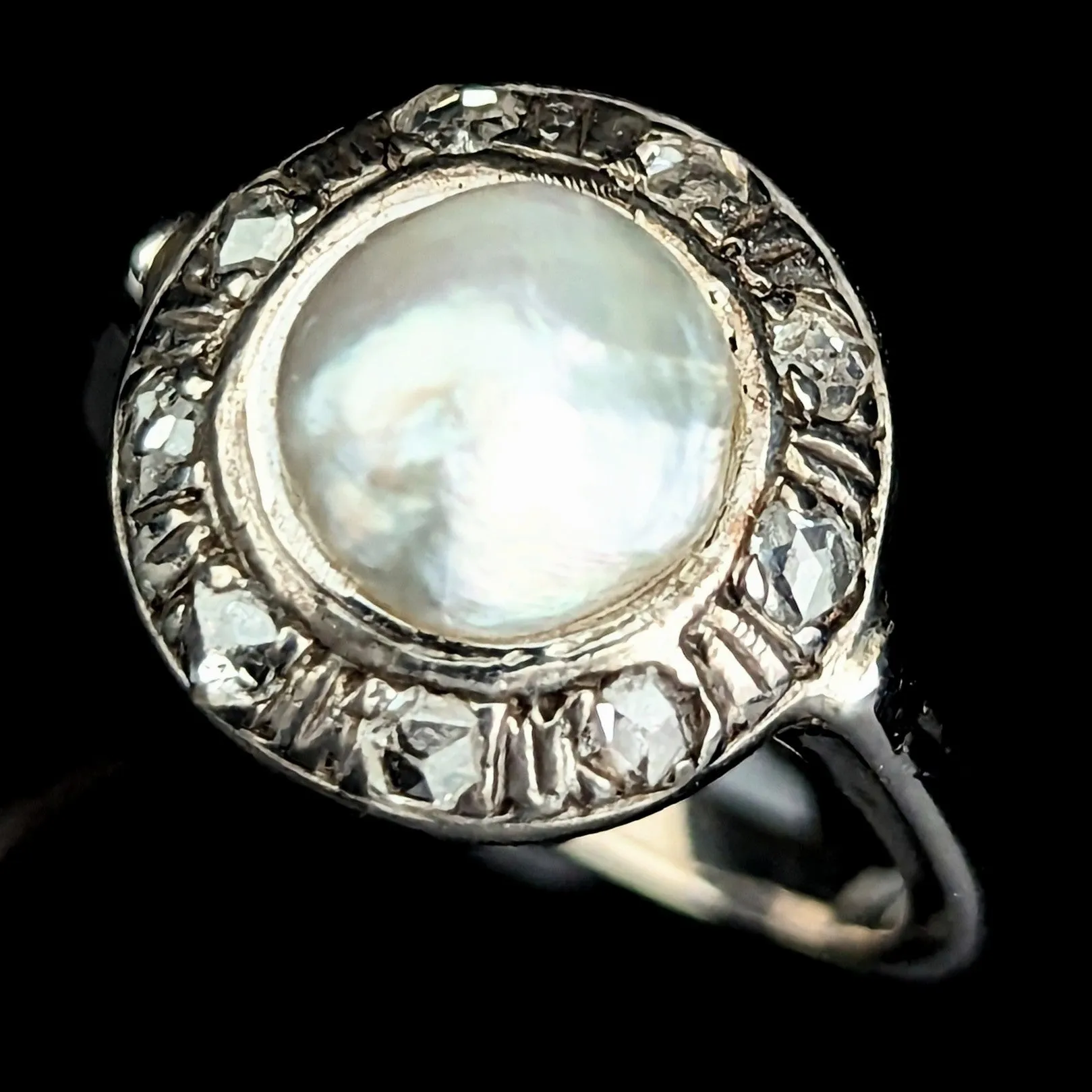 The Cadiz - Antique Natural Certified Pearl Rose Cut Diamonds 14k White Gold Ring