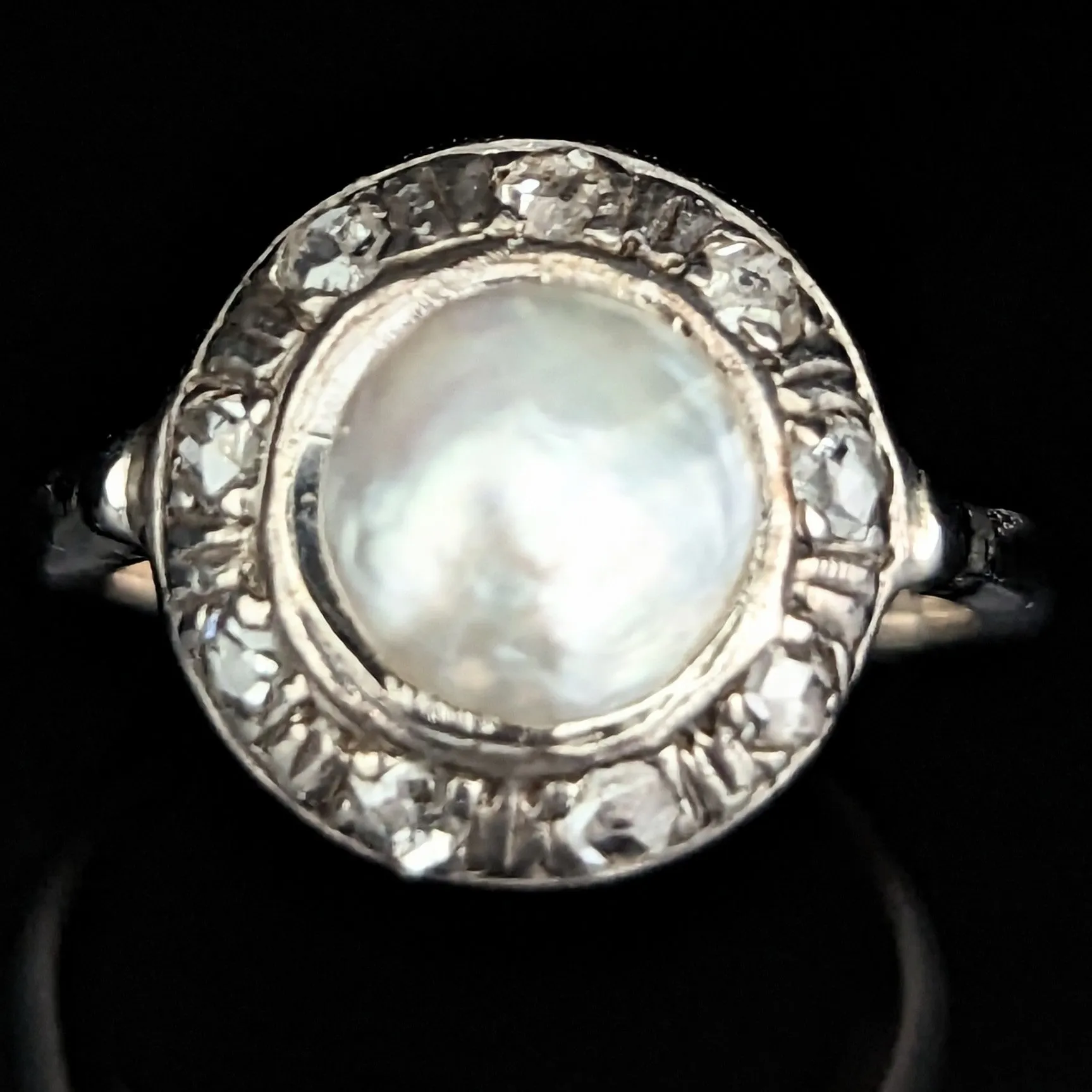 The Cadiz - Antique Natural Certified Pearl Rose Cut Diamonds 14k White Gold Ring