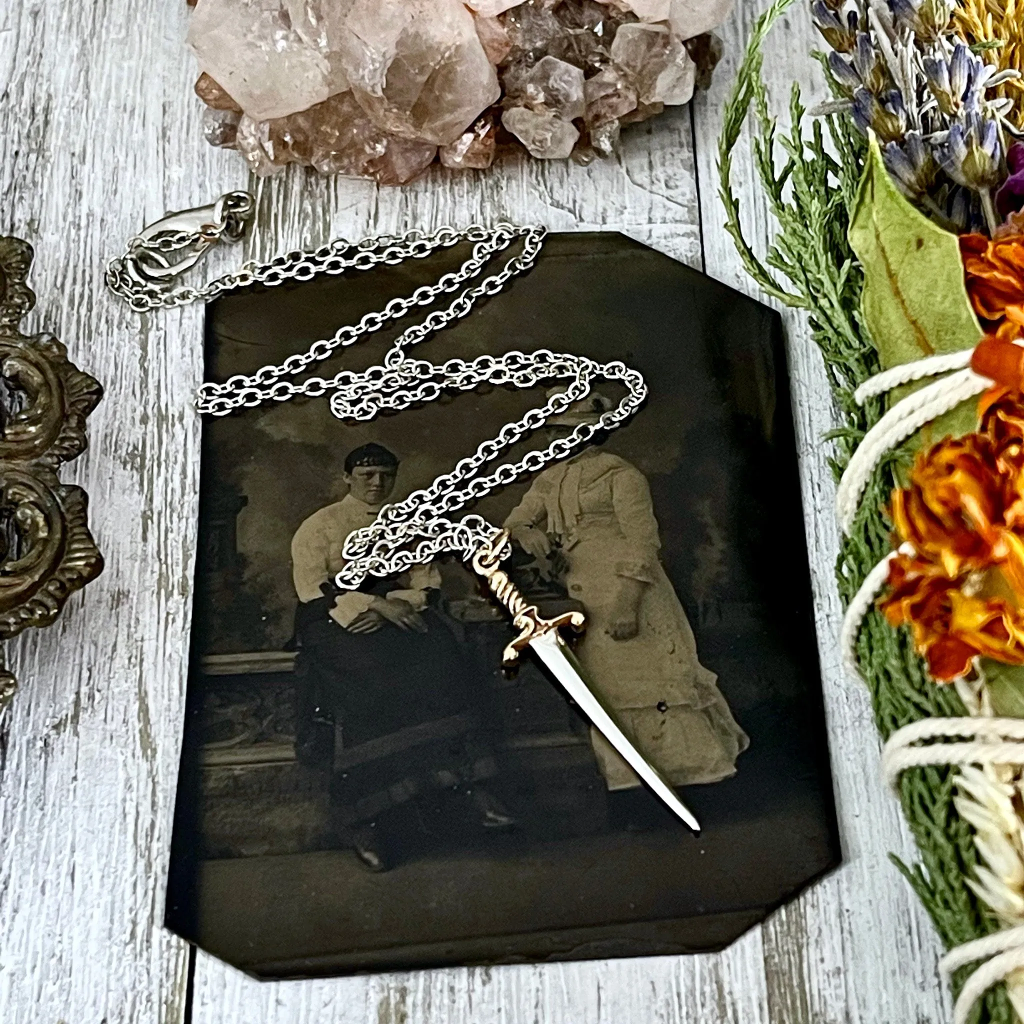 Tiny Talisman Collection - Sterling Silver Sword or Dagger Pendant with Bronze Handle 41x10mm /