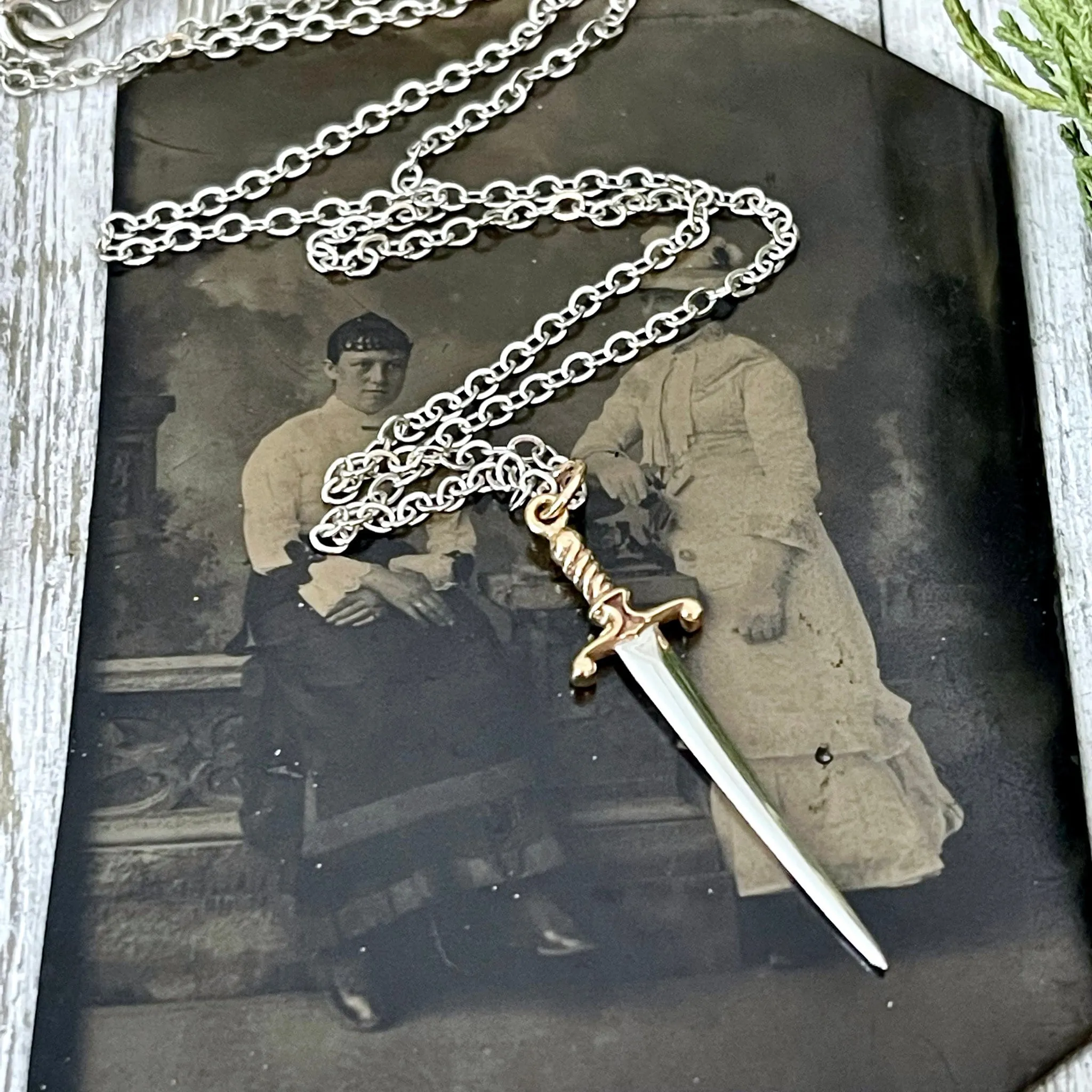 Tiny Talisman Collection - Sterling Silver Sword or Dagger Pendant with Bronze Handle 41x10mm /