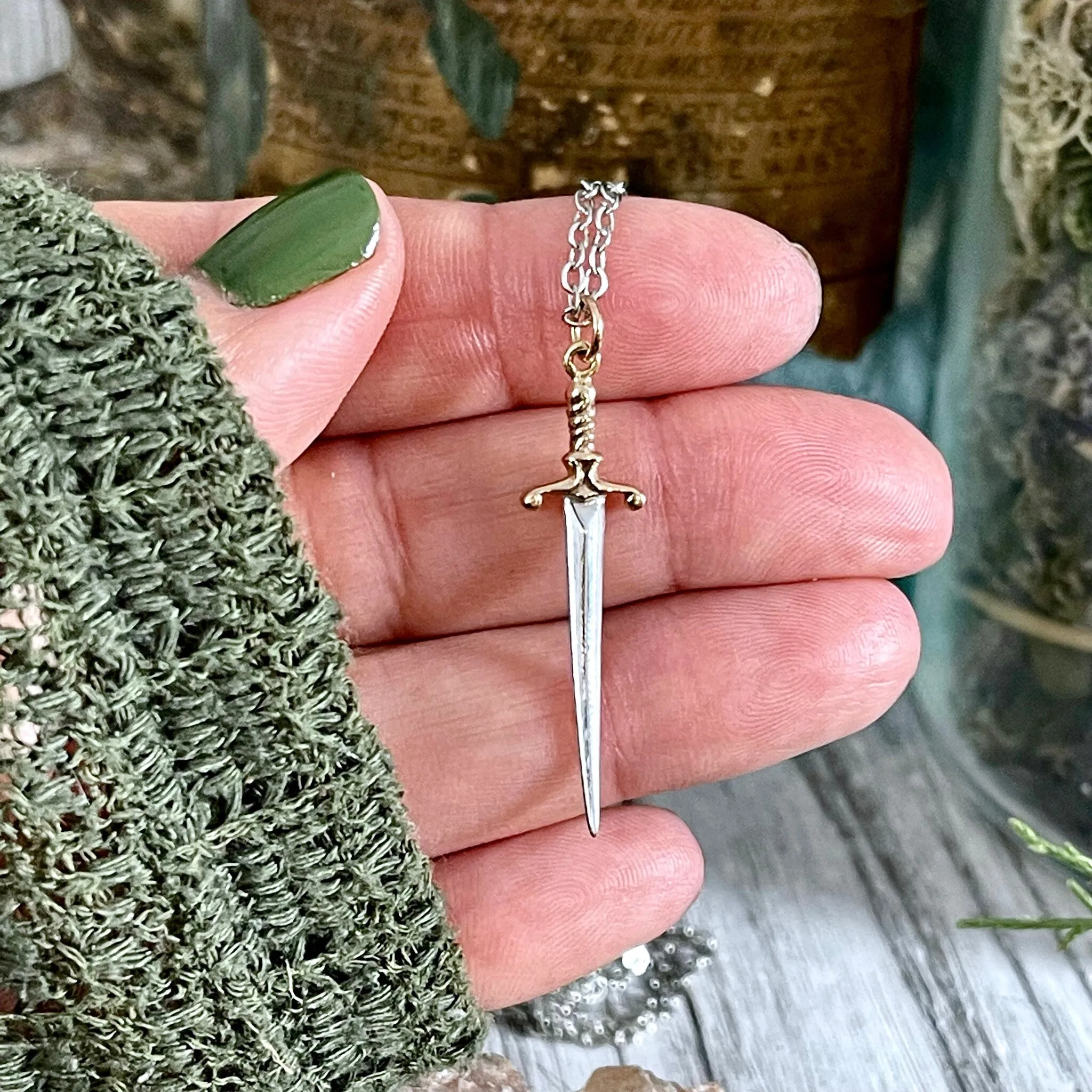 Tiny Talisman Collection - Sterling Silver Sword or Dagger Pendant with Bronze Handle 41x10mm /