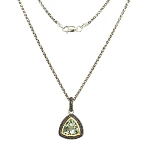 Trillion Green Quartz Antiqued Necklace with 14K Yellow Gold Accent in Sterling Silver