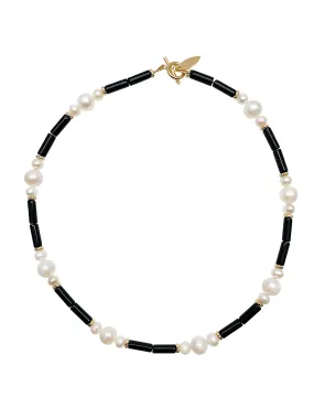 Tube Black Agate With White Pearls Short Necklace HN041